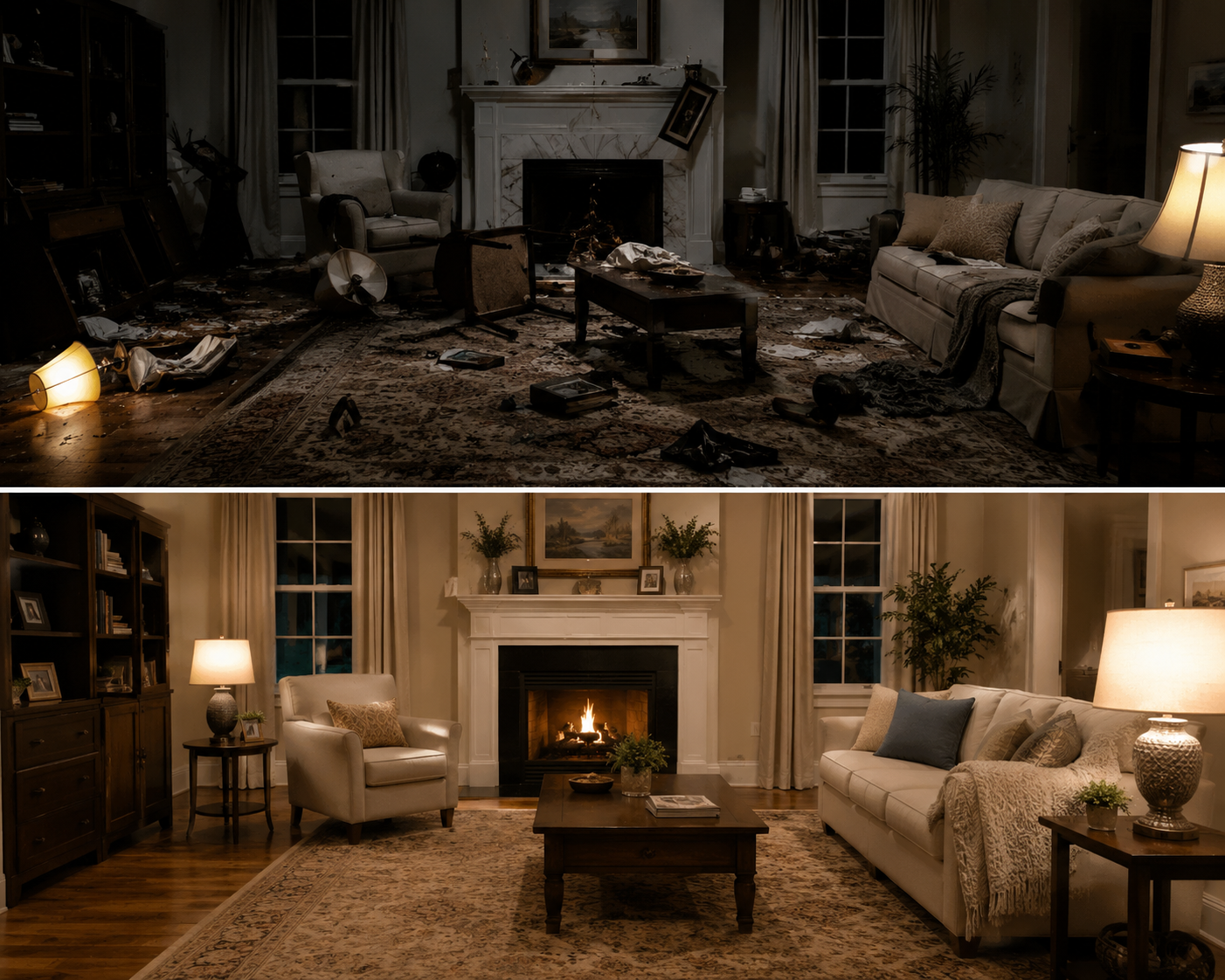 A distressed living room fully restored to a safe, warm and liveable space.